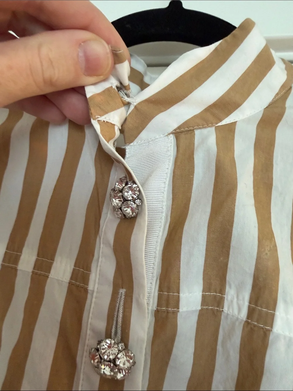 J. Crew White and Tan Striped Mandarin Collar Blouse
